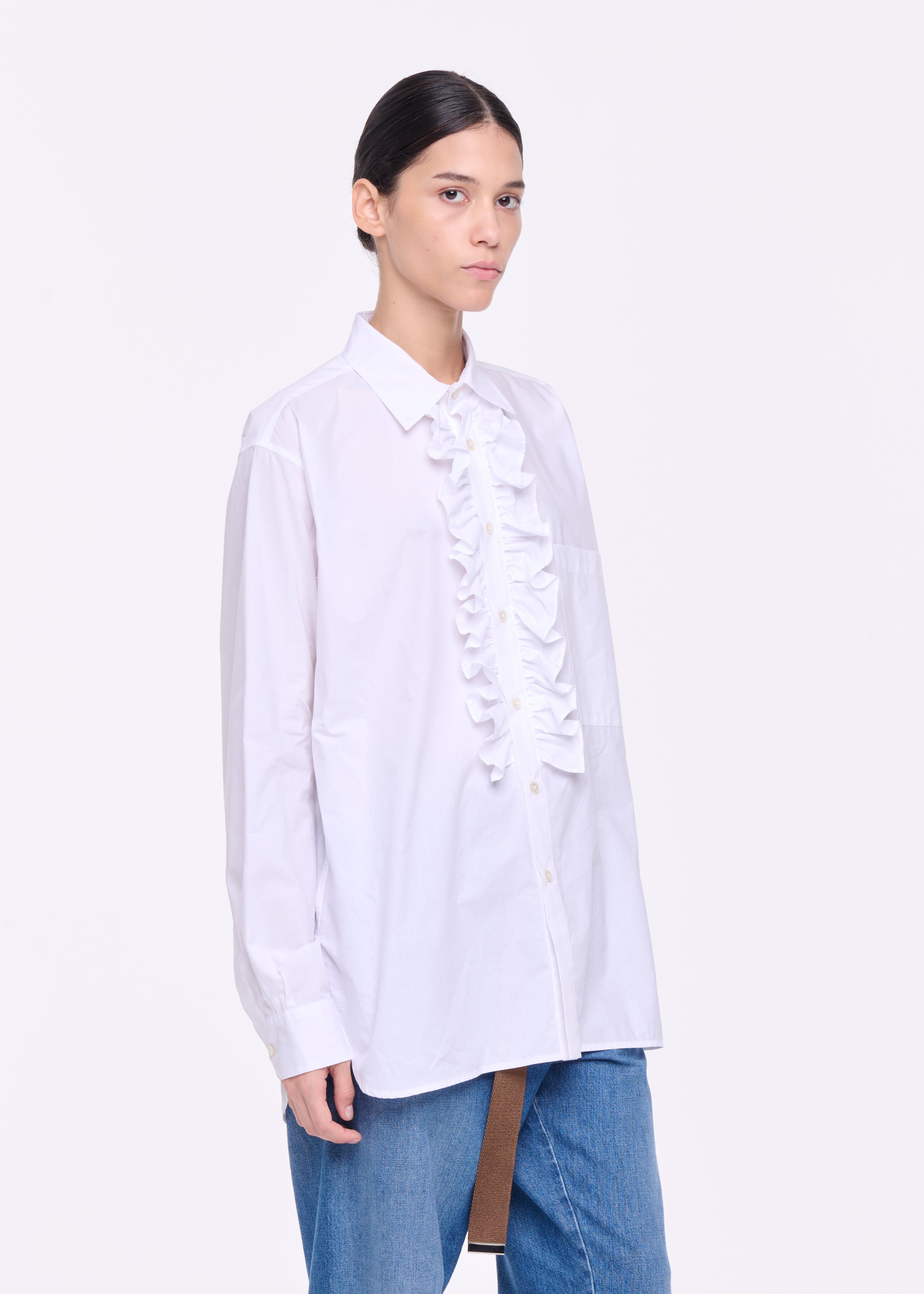 WHITE POPLIN RUFFLE SHIRT