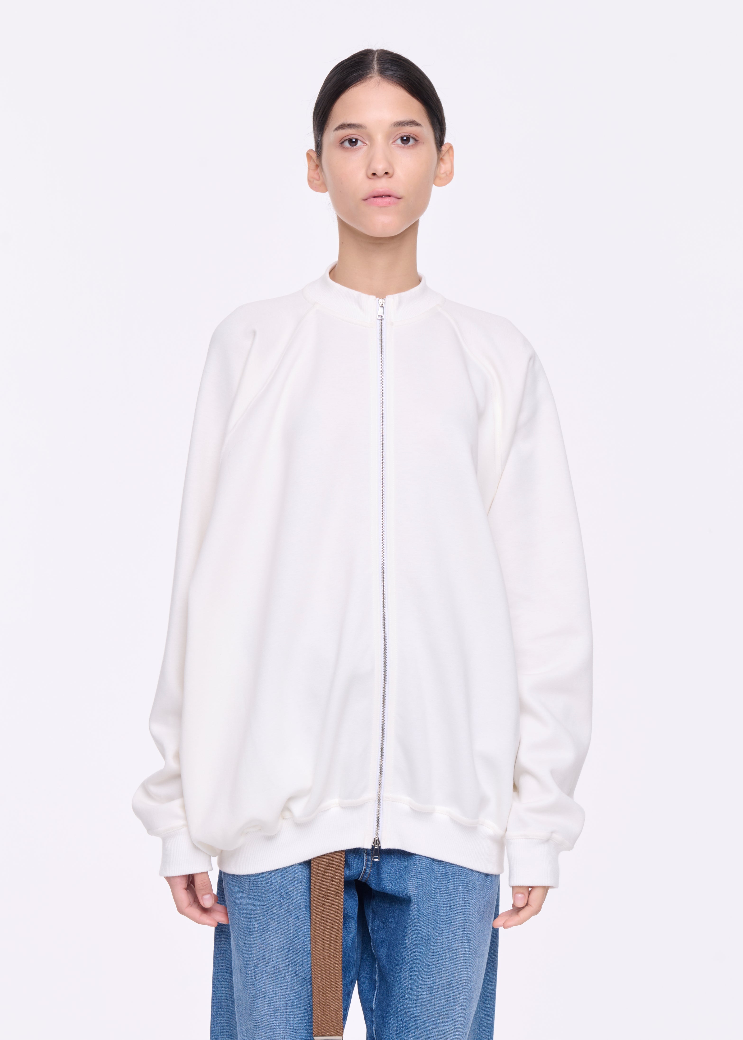 WHITE ZIP-UP JERSEY SWEATER