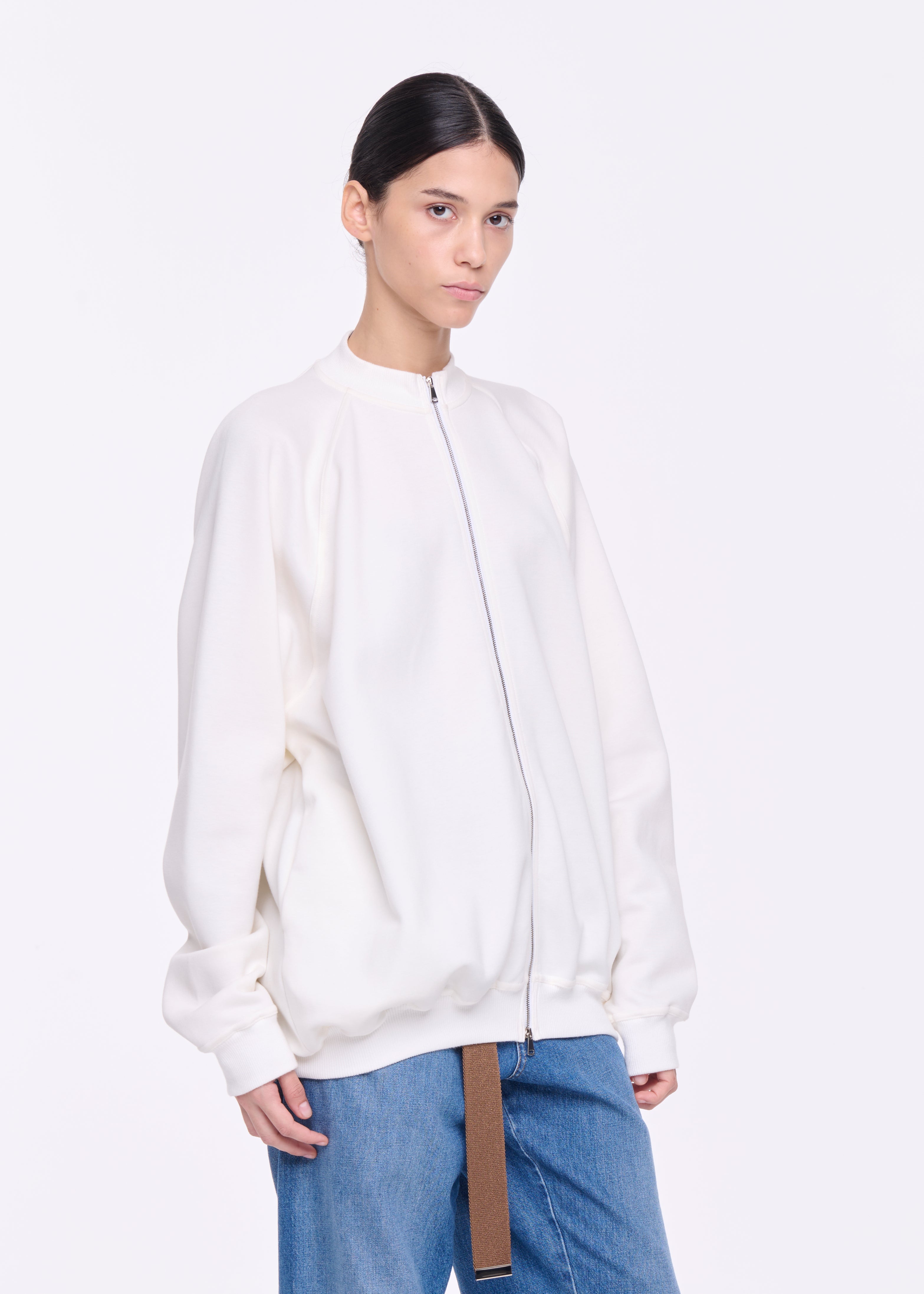 WHITE ZIP-UP JERSEY SWEATER