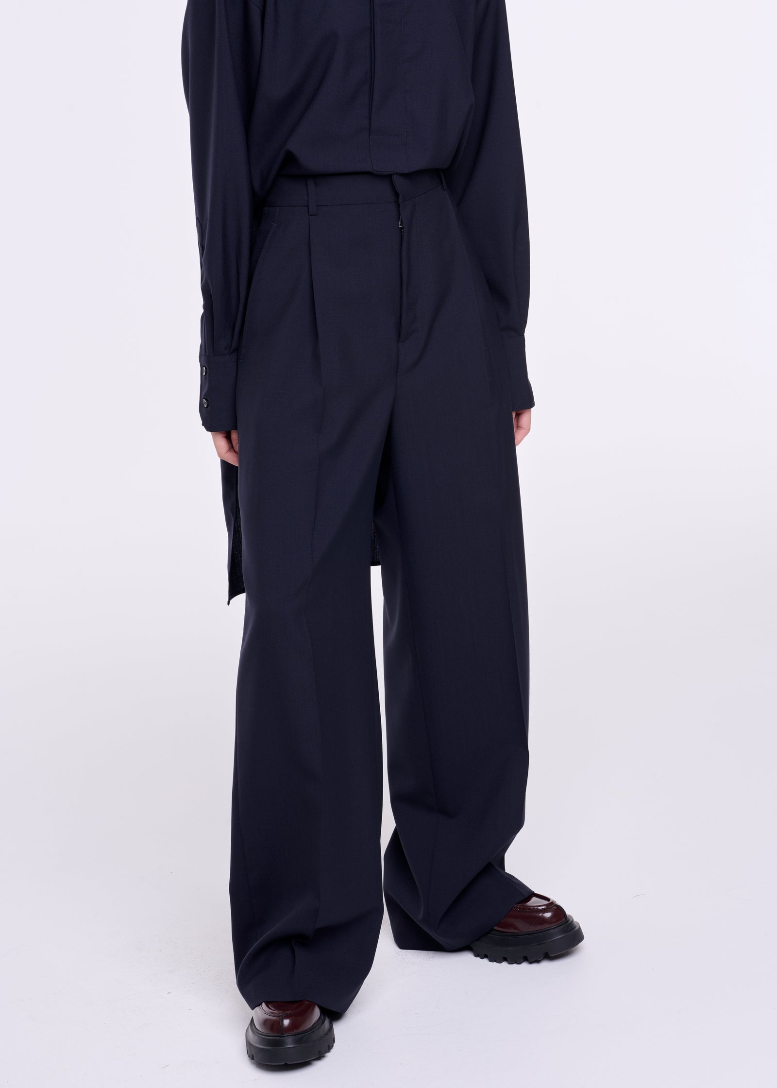 BLUE WOOL WIDE LEG TROUSERS