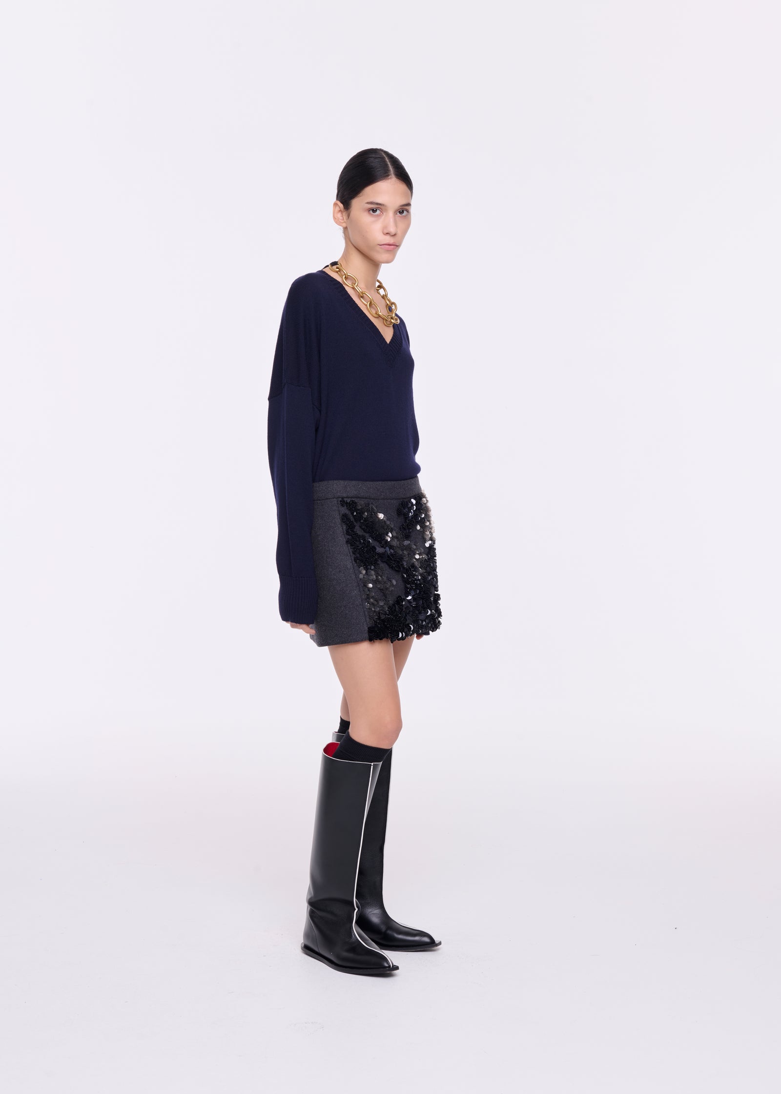 MELANGE GREY WOOL MINI SKIRT WITH SEQUINS