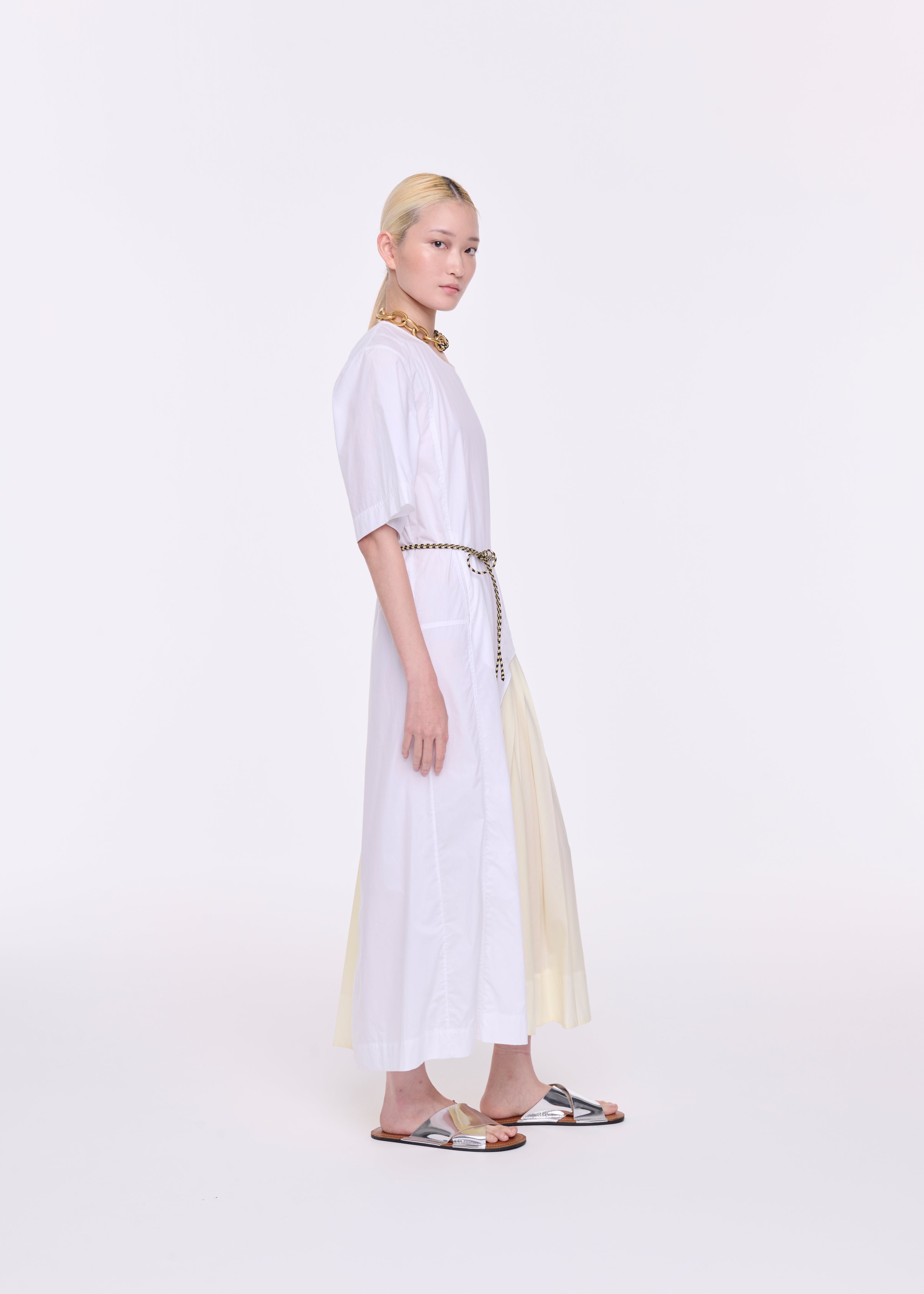 WHITE COTTON DRESS WITH PLEAT INSERT