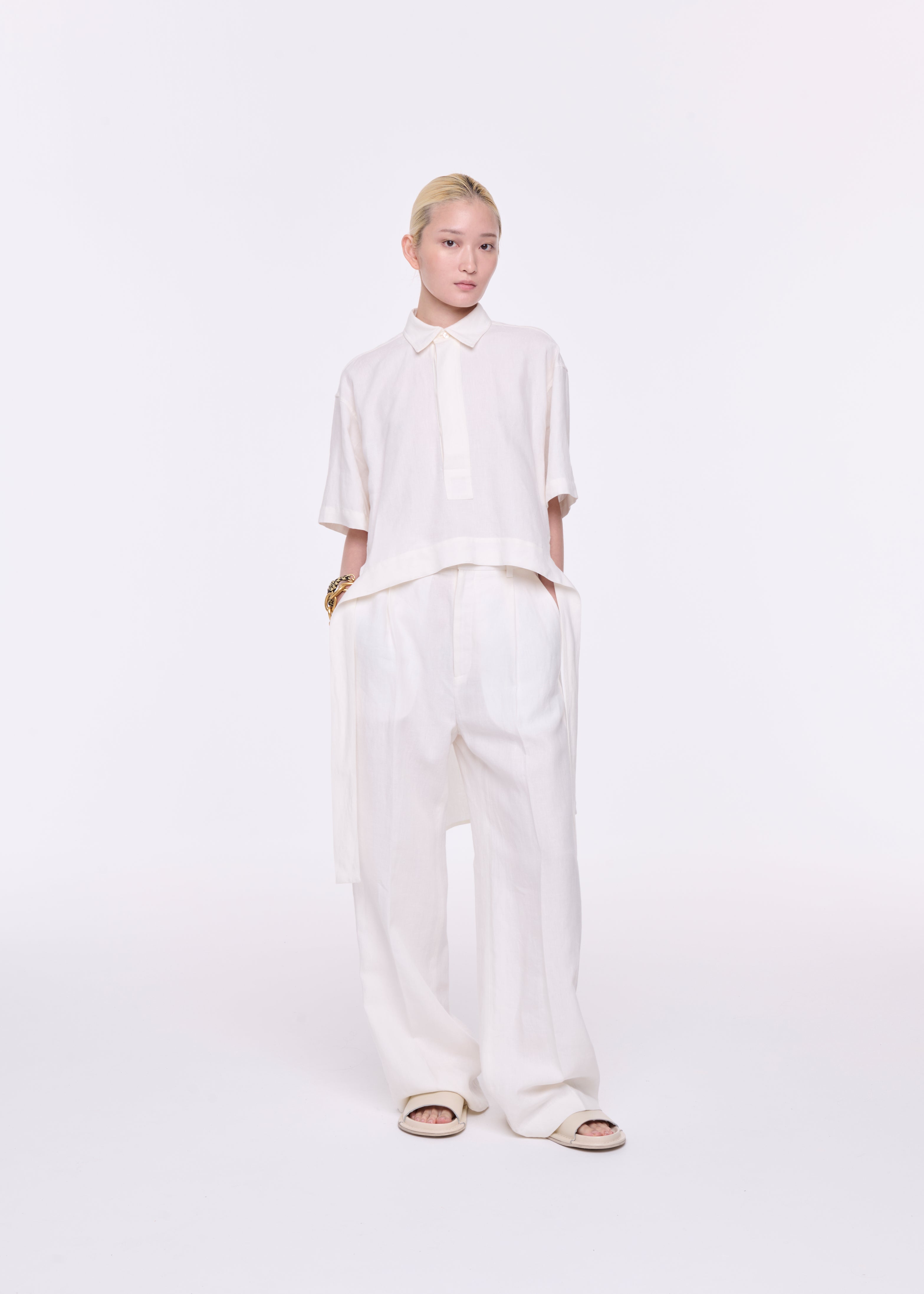 WHITE LINEN WIDE LEG TROUSERS