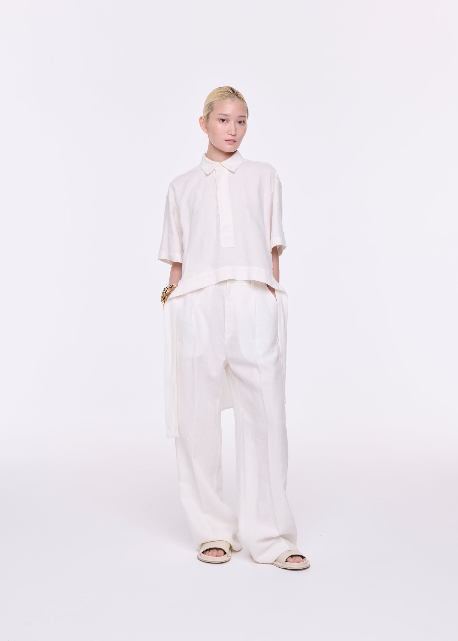 WHITE LINEN WIDE LEG TROUSERS