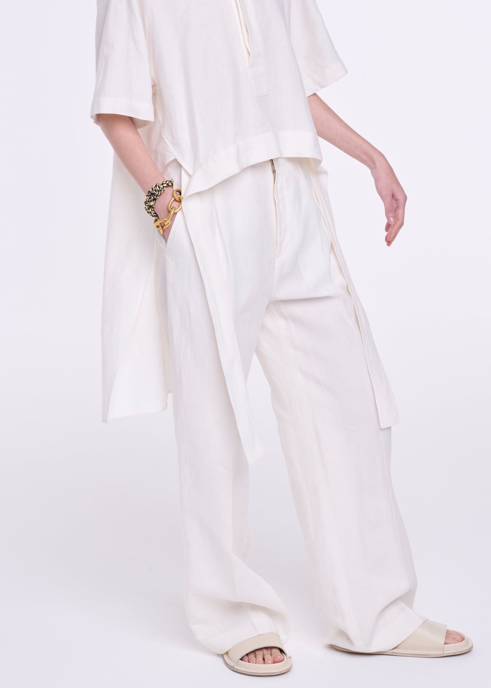 WHITE LINEN WIDE LEG TROUSERS