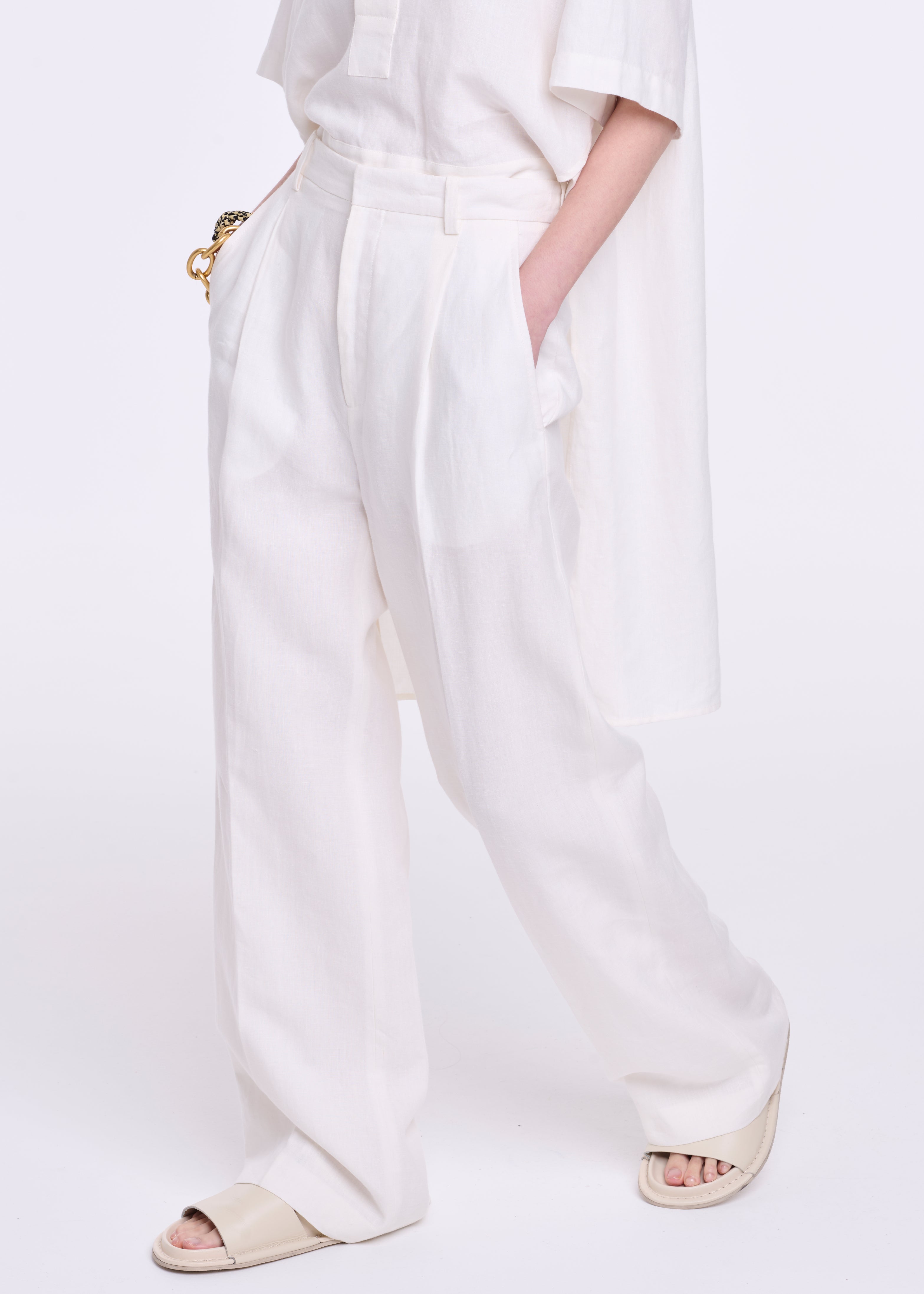 WHITE LINEN WIDE LEG TROUSERS