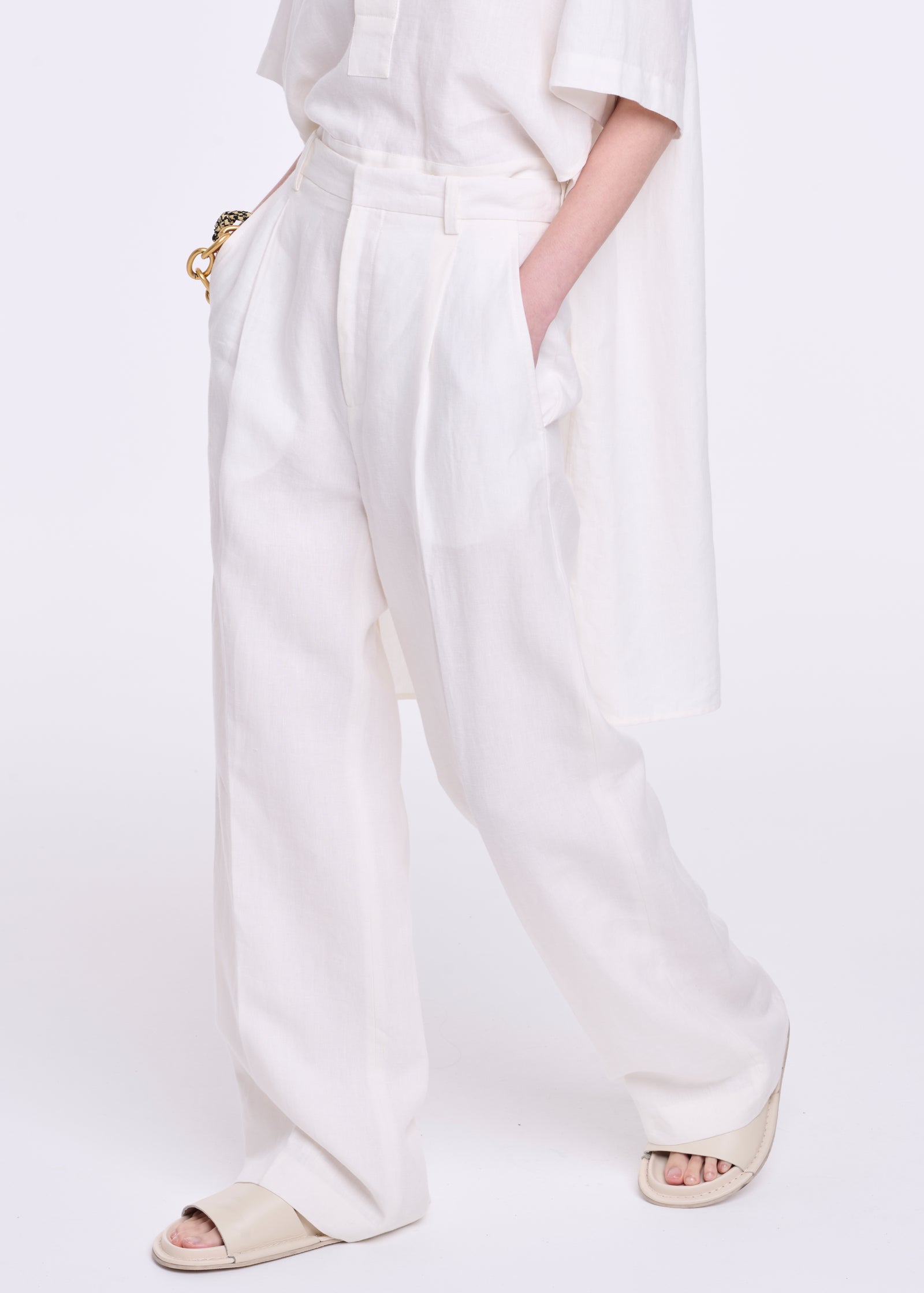 WHITE LINEN WIDE LEG TROUSERS