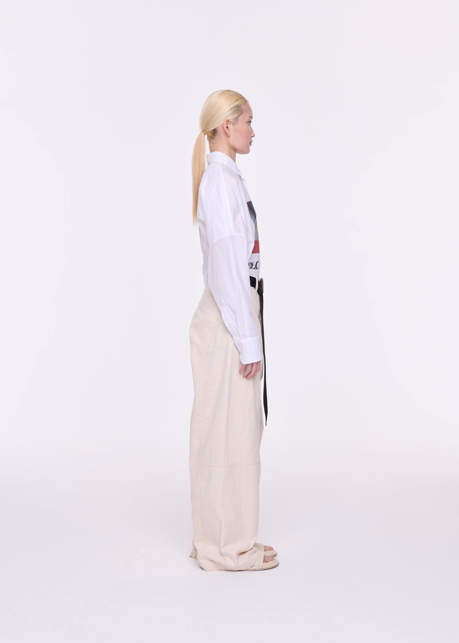 CREAM COTTON PANAMA BELTED TROUSERS