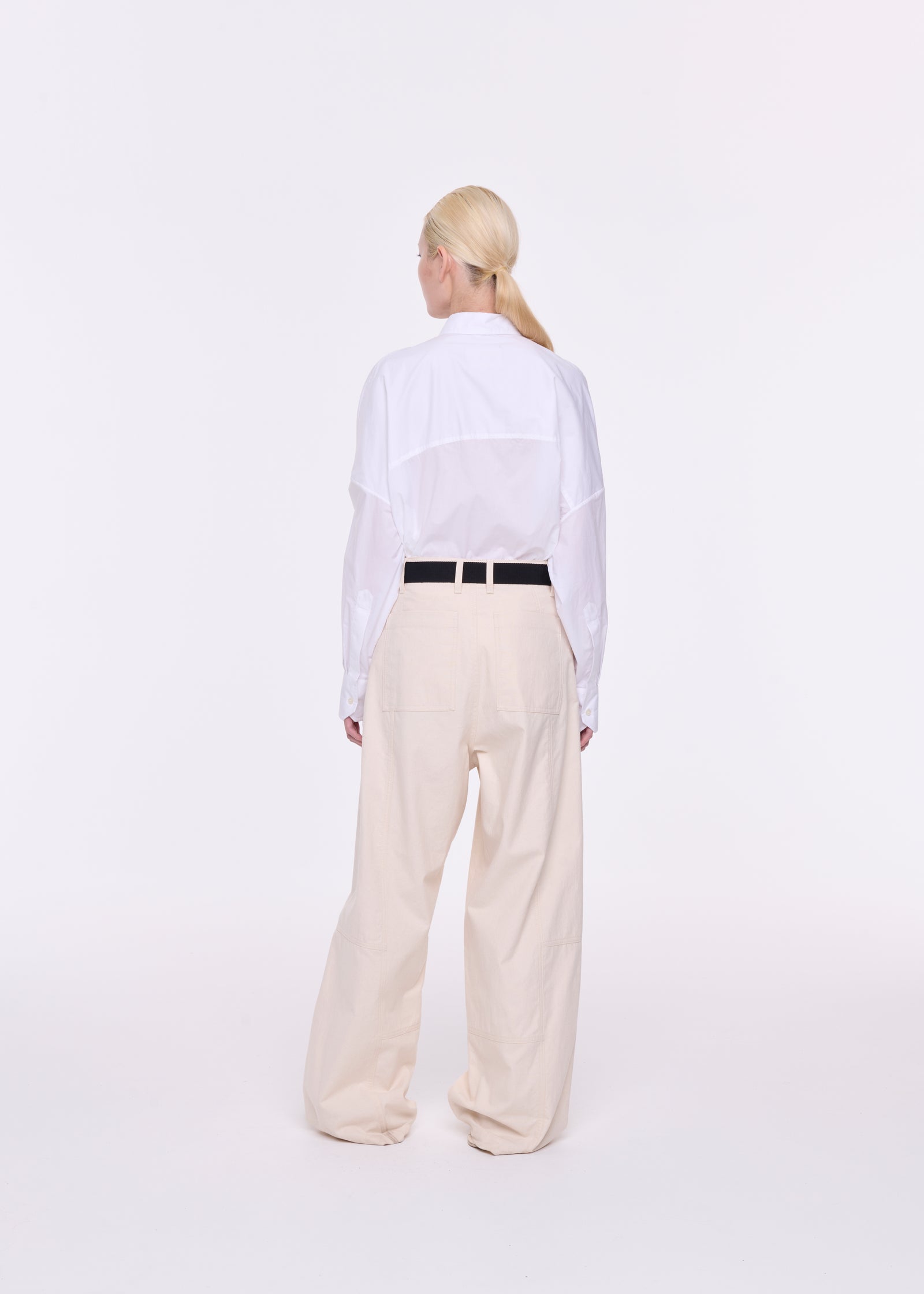 CREAM COTTON PANAMA BELTED TROUSERS