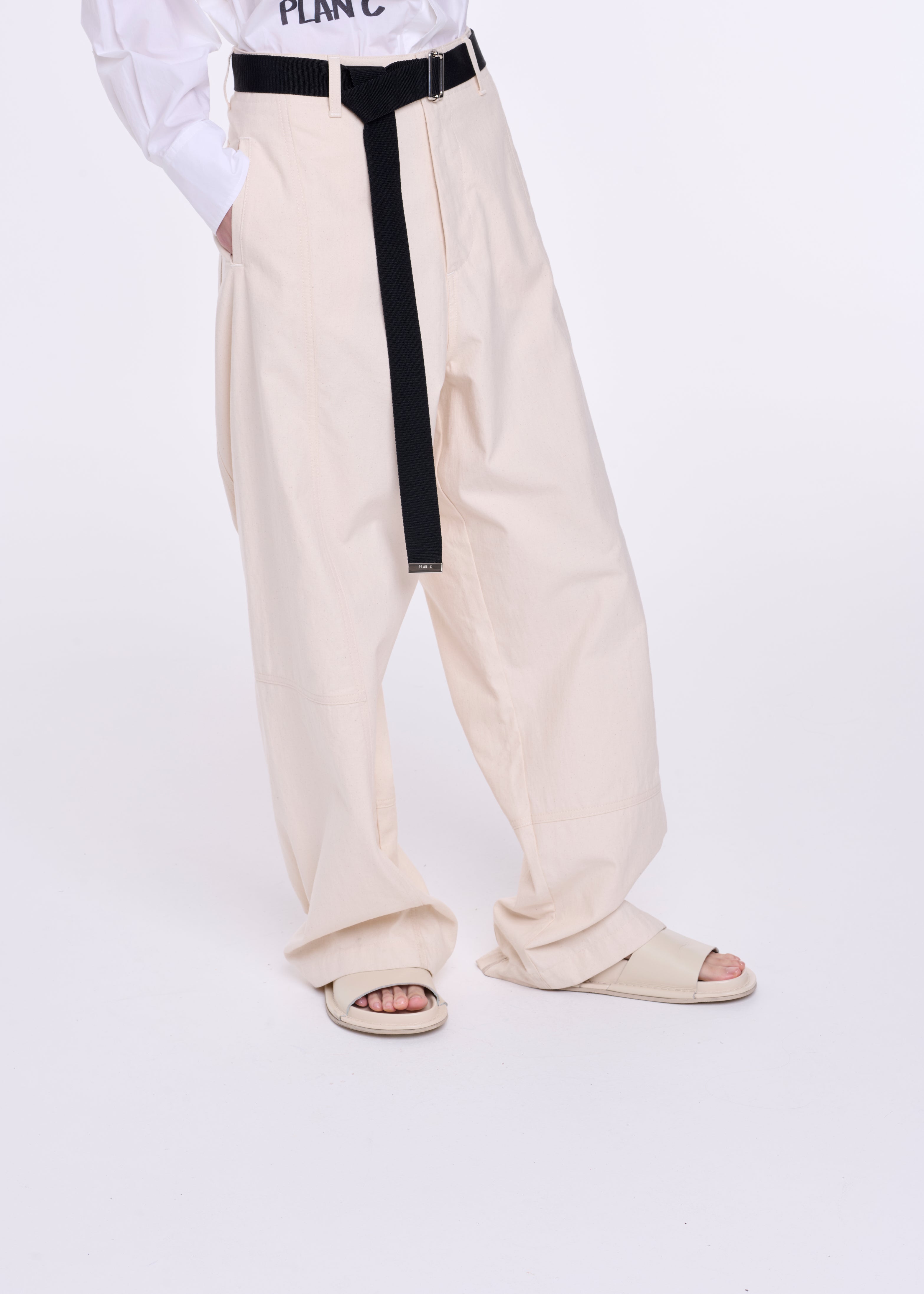 CREAM COTTON PANAMA BELTED TROUSERS