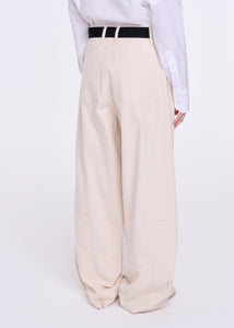 CREAM COTTON PANAMA BELTED TROUSERS