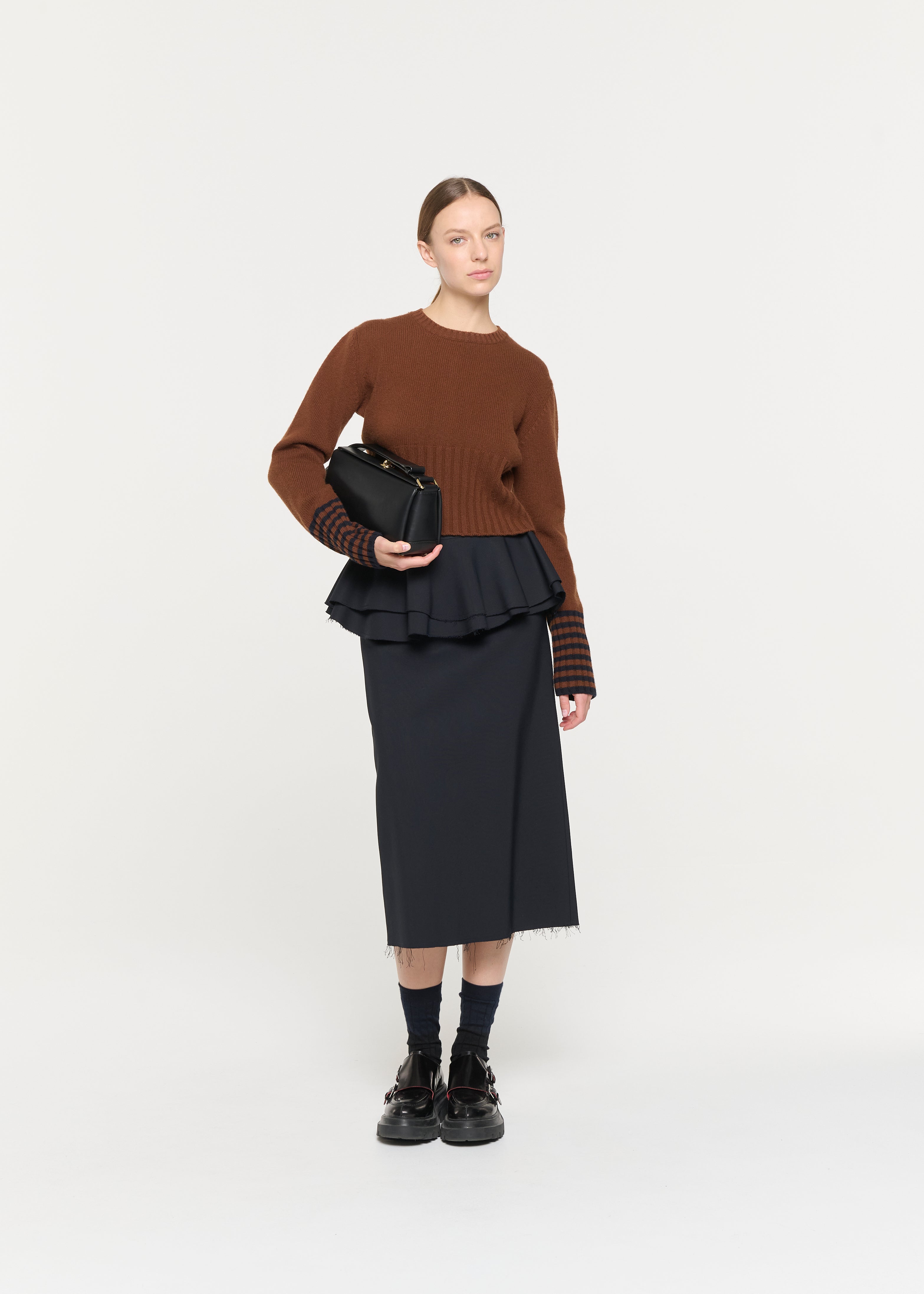 BLUE BLACK MIDI SKIRT WITH RUFFLED WAIST