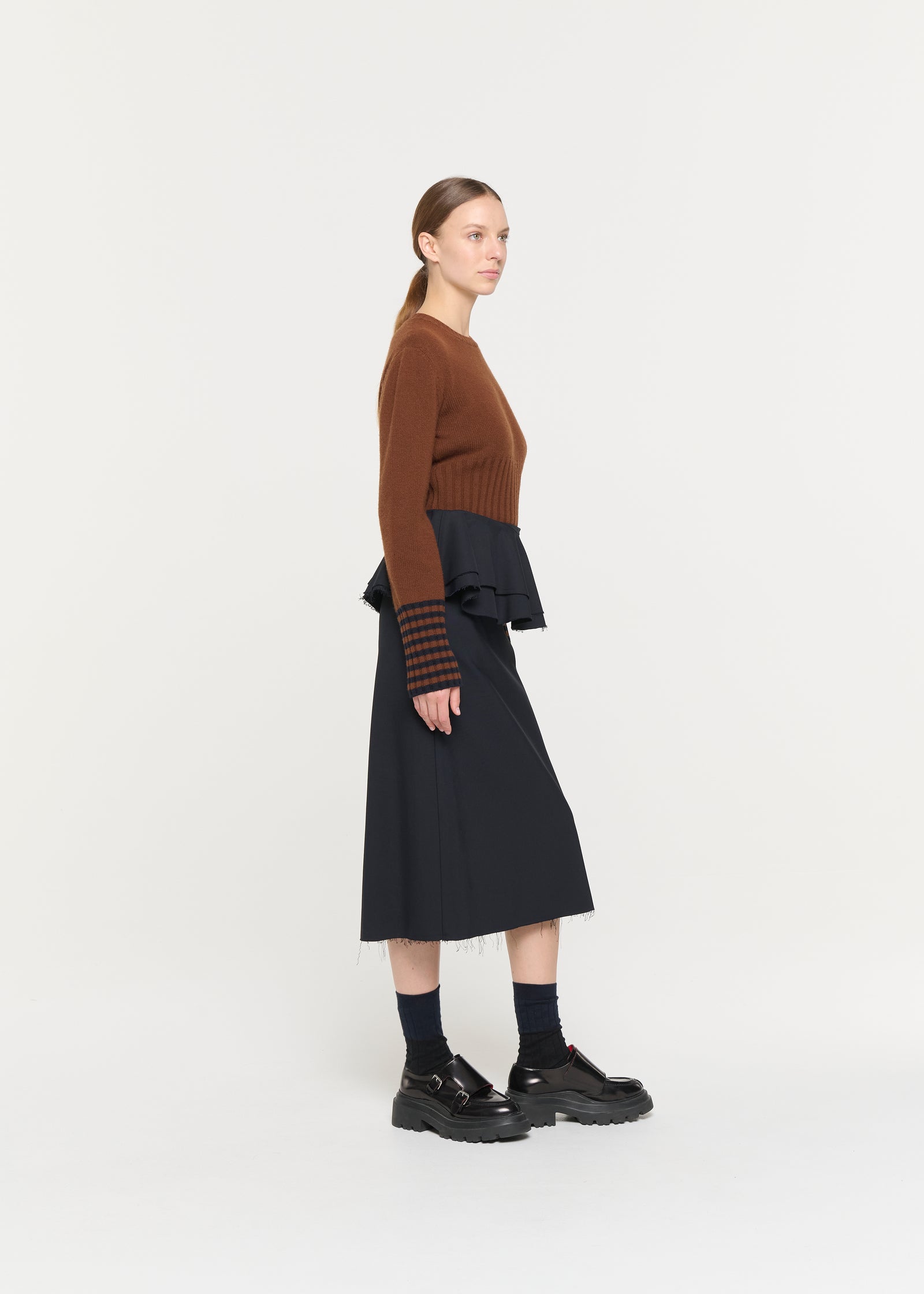 BLUE BLACK MIDI SKIRT WITH RUFFLED WAIST