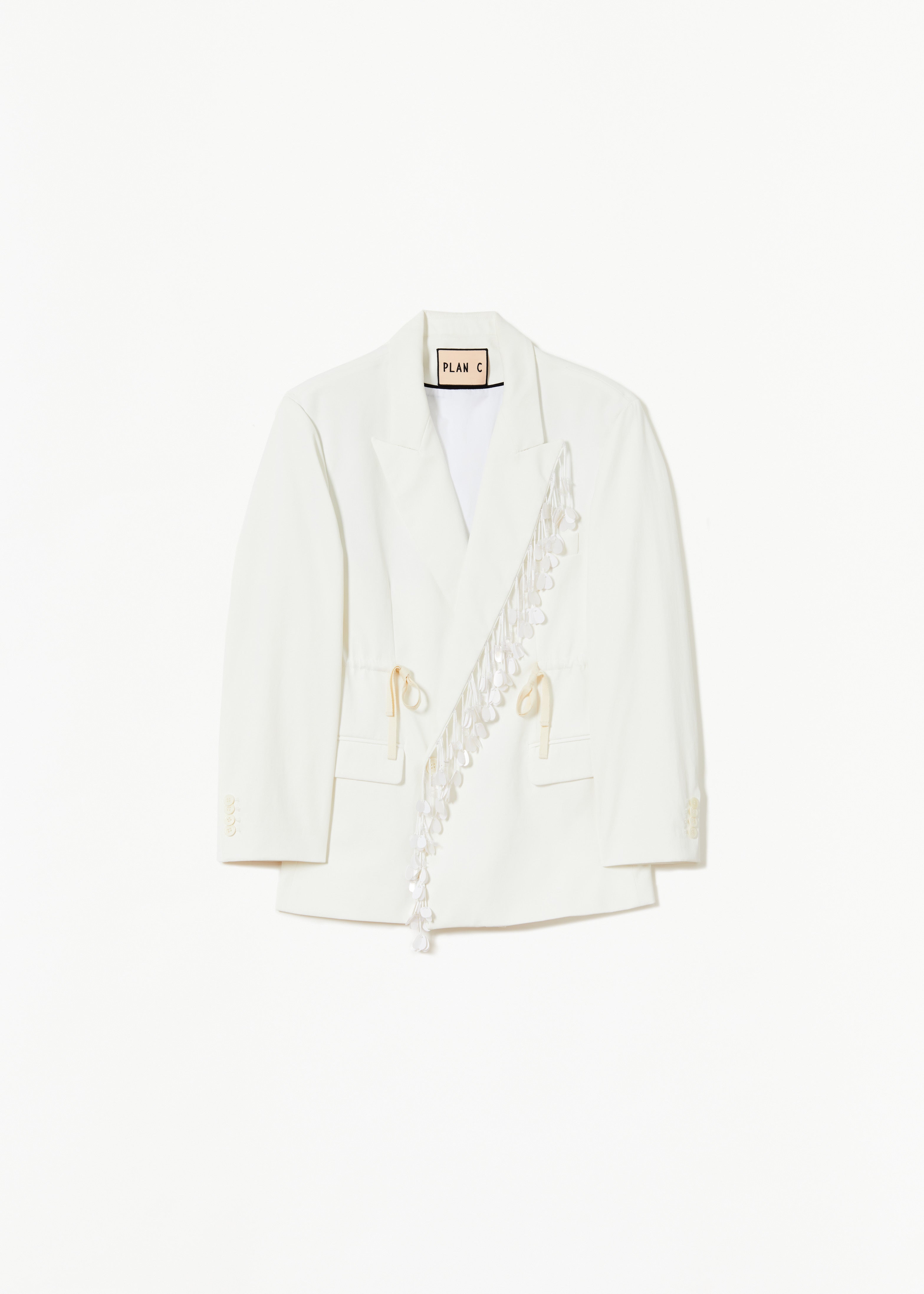 WHITE CHALK DOUBLE-BREASTED BLAZER WITH SEQUIN EMBROIDERY