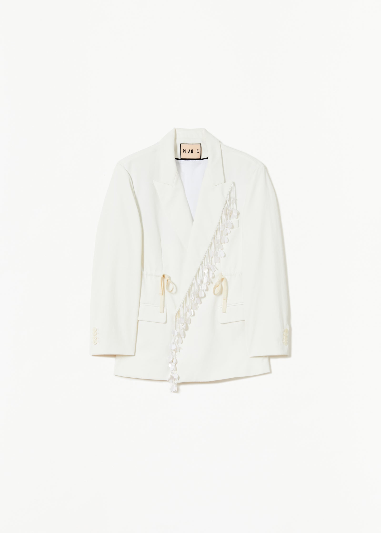 WHITE CHALK DOUBLE-BREASTED BLAZER WITH SEQUIN EMBROIDERY