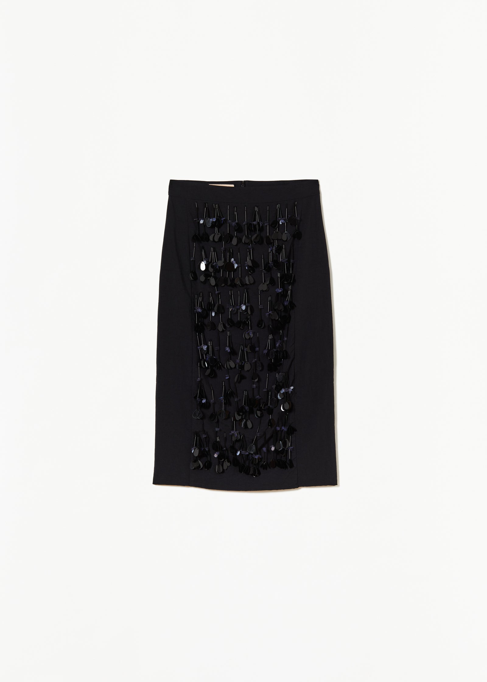 BLACK TECHNICAL PANAMA MIDI SKIRT WITH SEQUIN EMBROIDERY