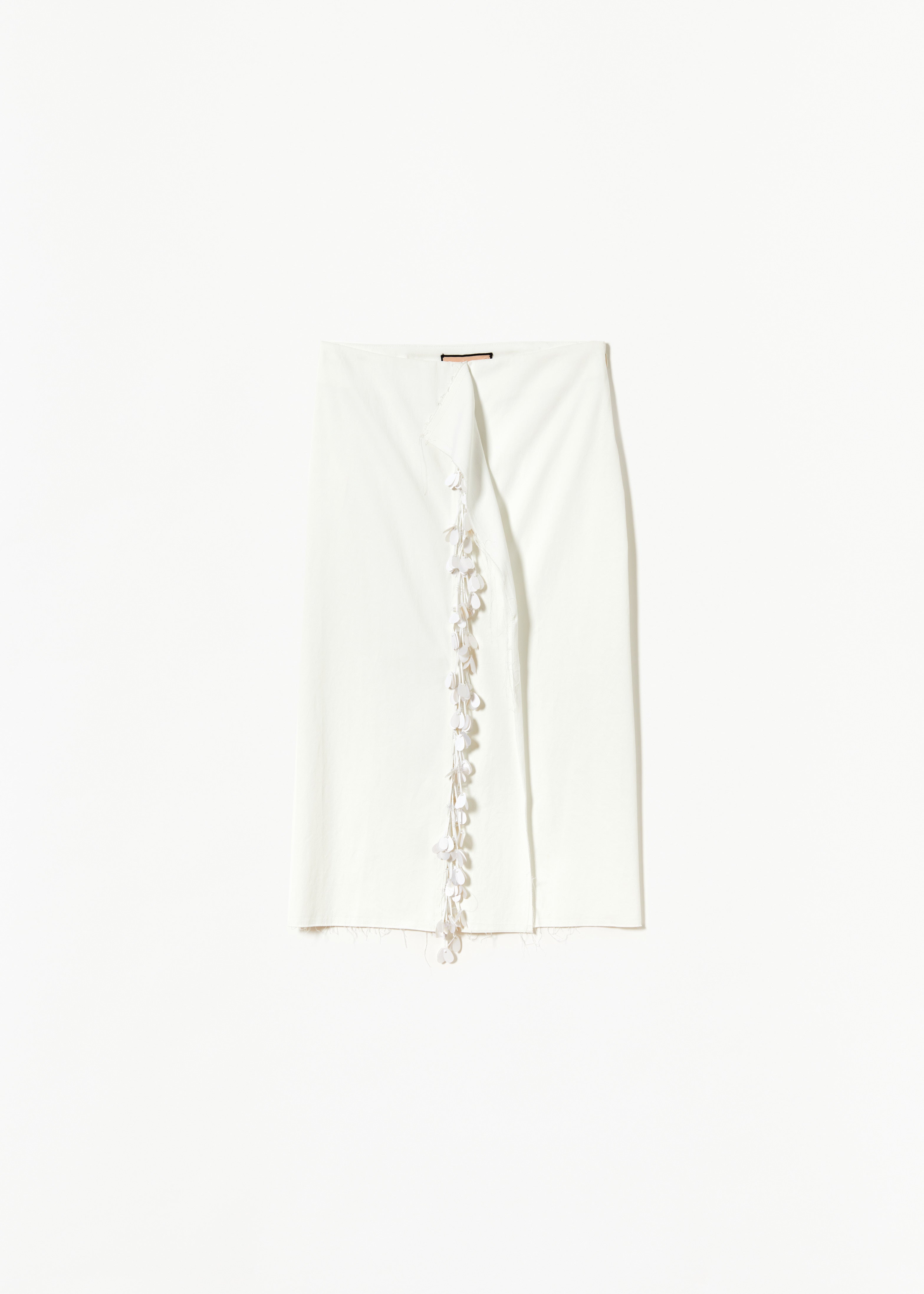 WHITE CHALK MIDI SKIRT WITH SEQUIN EMRBOIDERY