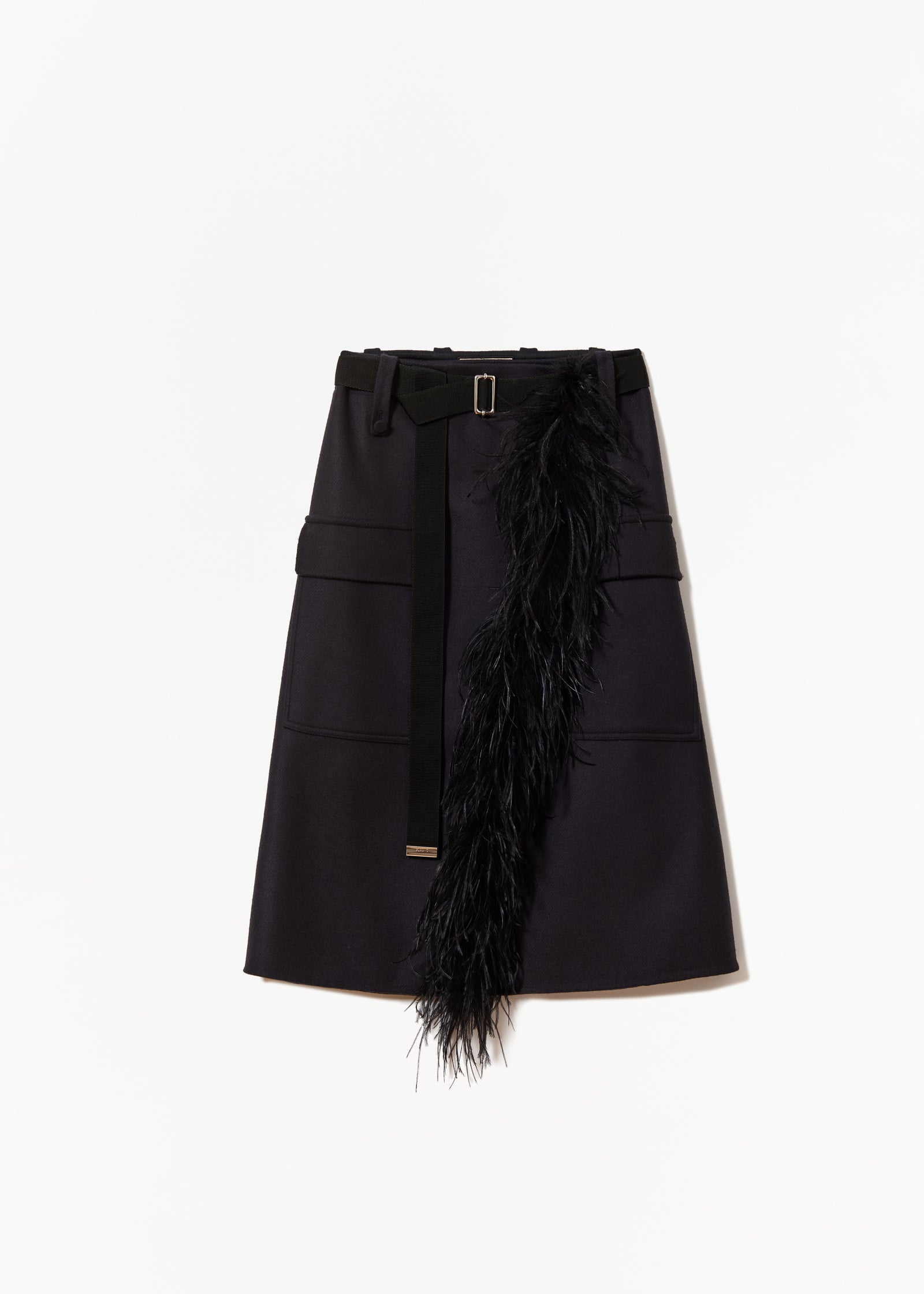 BLUE BLACK WOOL MIDI SKIRT WITH FEATHER INSERT