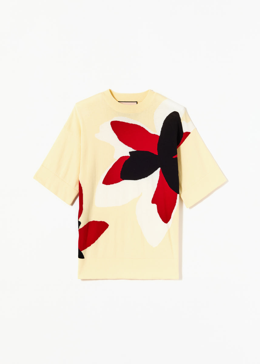 Yellow Floral Intarsia Short Sleeves Knit - Plan C