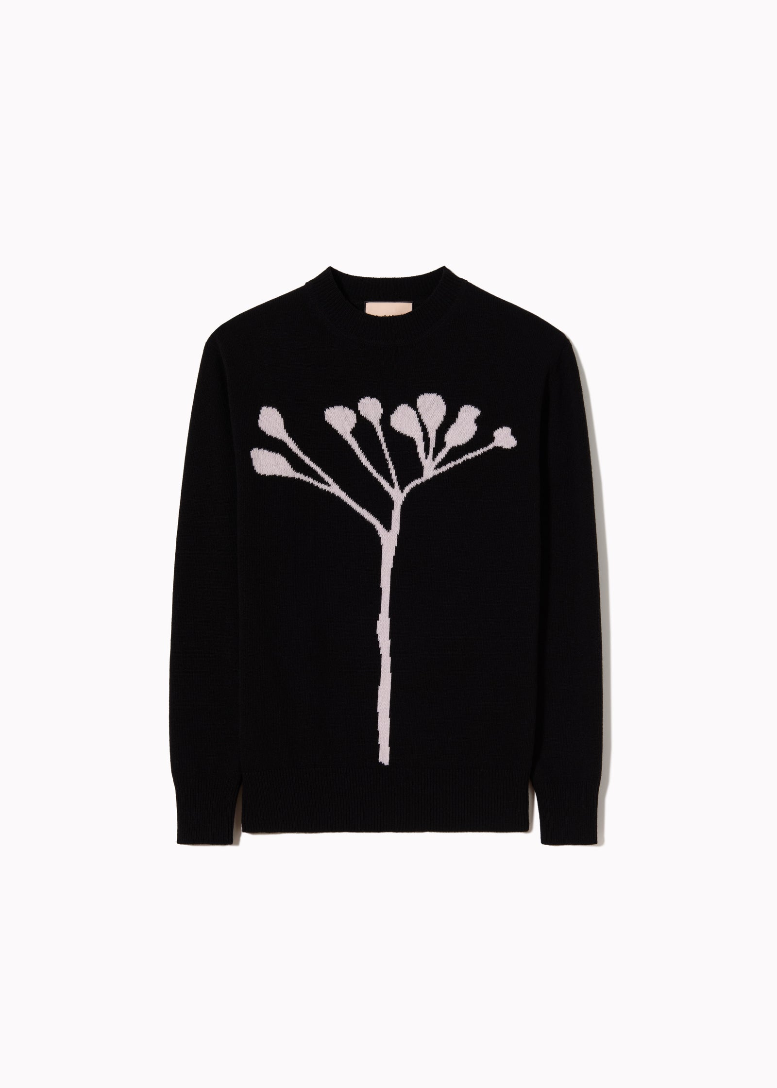 BLACK INTARSIA WOOL SWEATER WITH PINK FLOWER