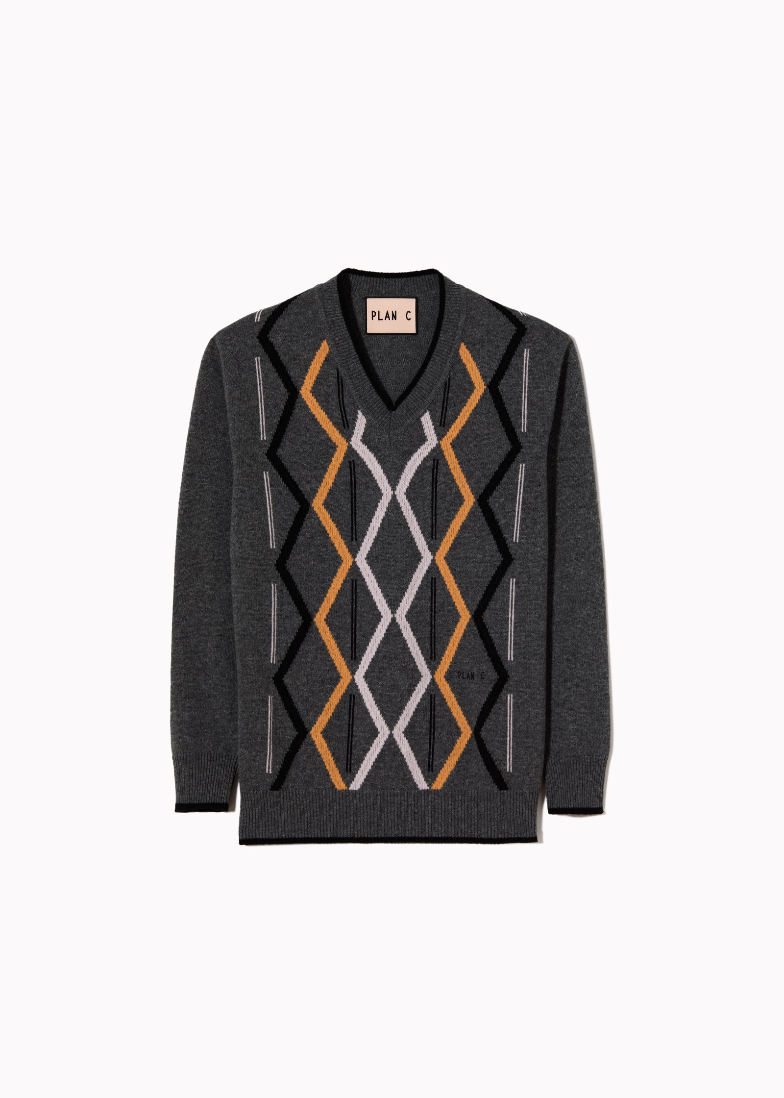 GREY ARGYLE V-NECK SWEATER