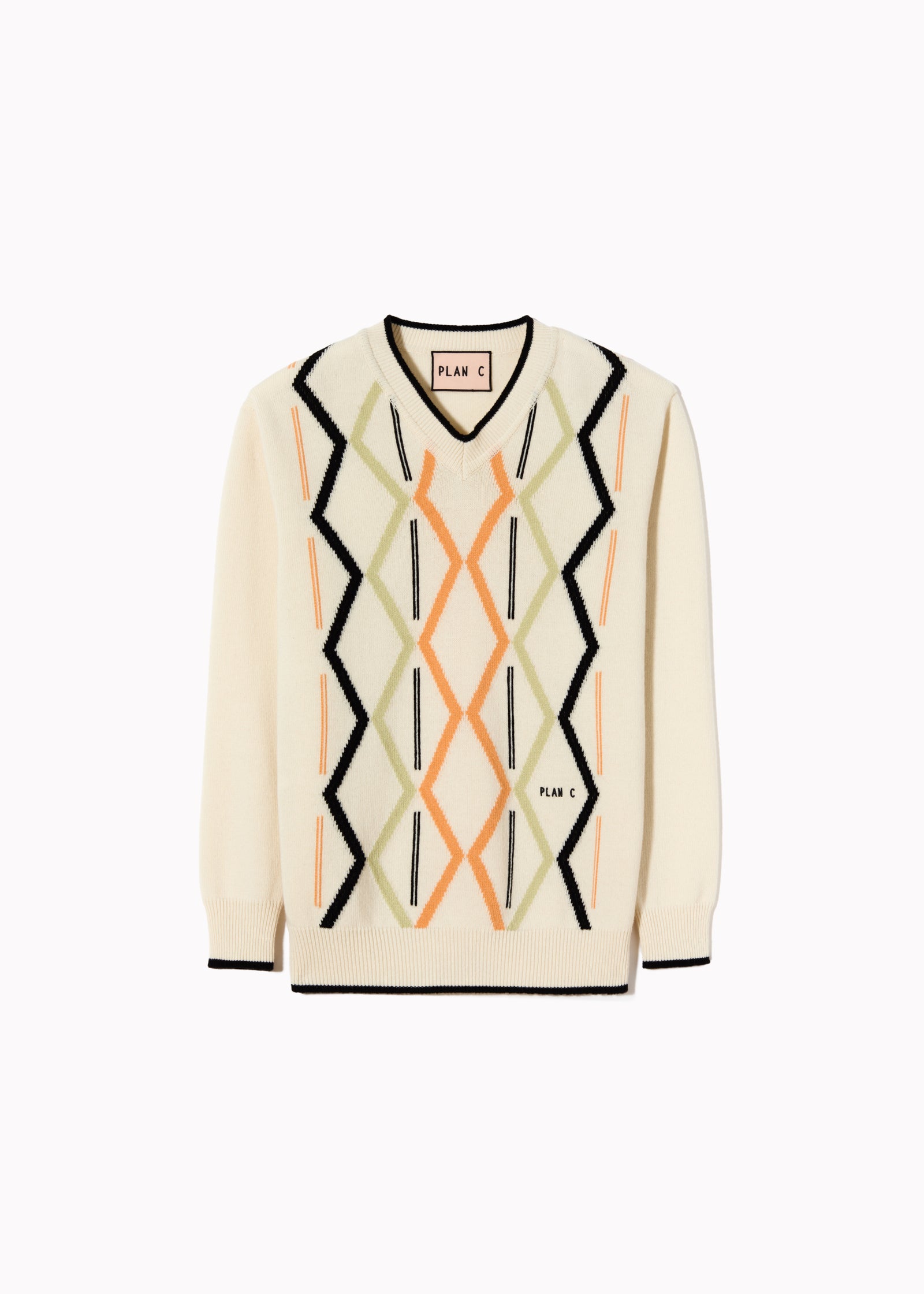 CREME ARGYLE V-NECK SWEATER