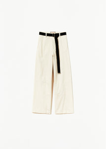 CREAM COTTON PANAMA BELTED TROUSERS