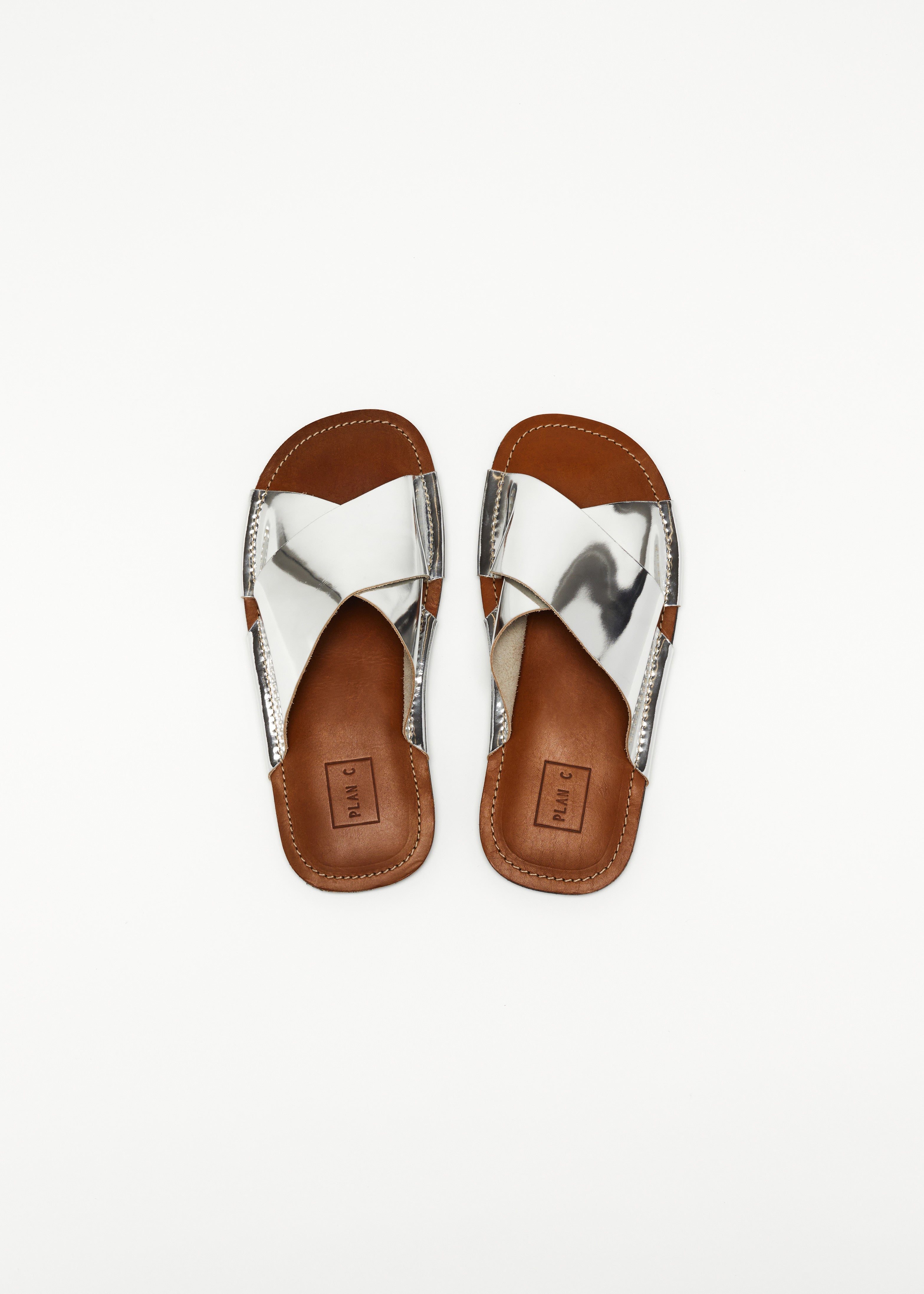 SILVER CROSS STRAP LEATHER SANDALS