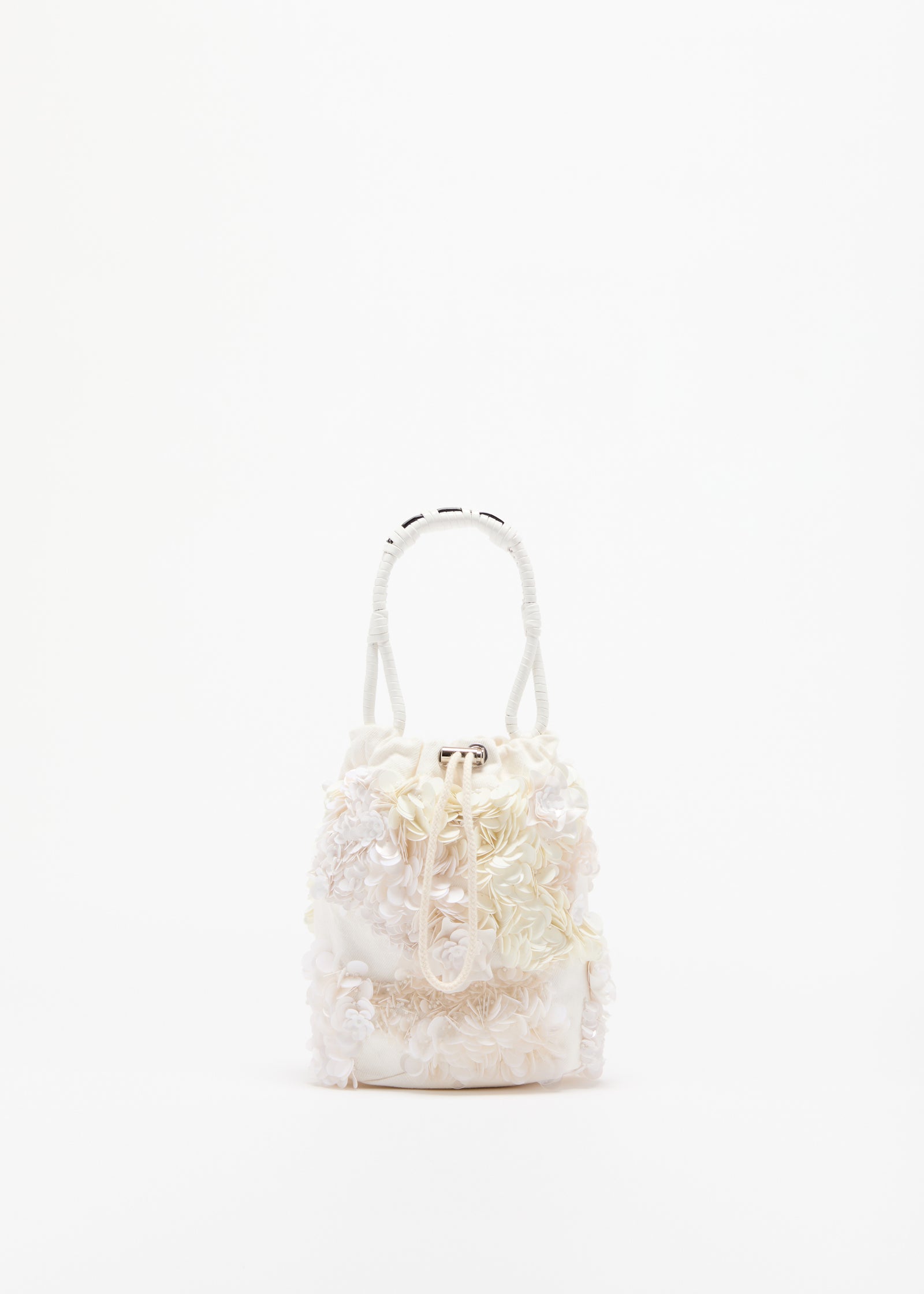 WHITE DRILL BUCKET BAG WITH SEQUINS
