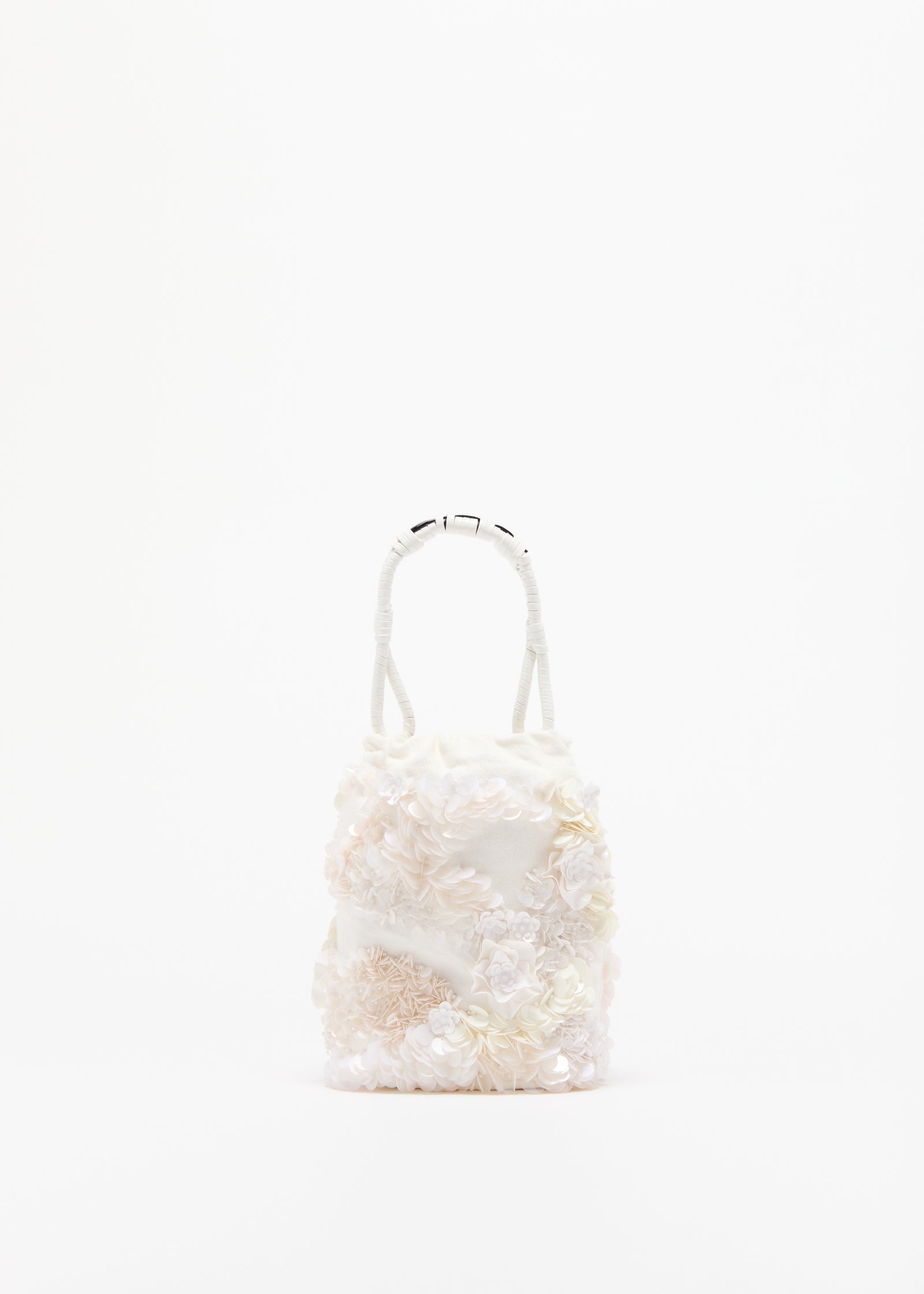 WHITE DRILL BUCKET BAG WITH SEQUINS