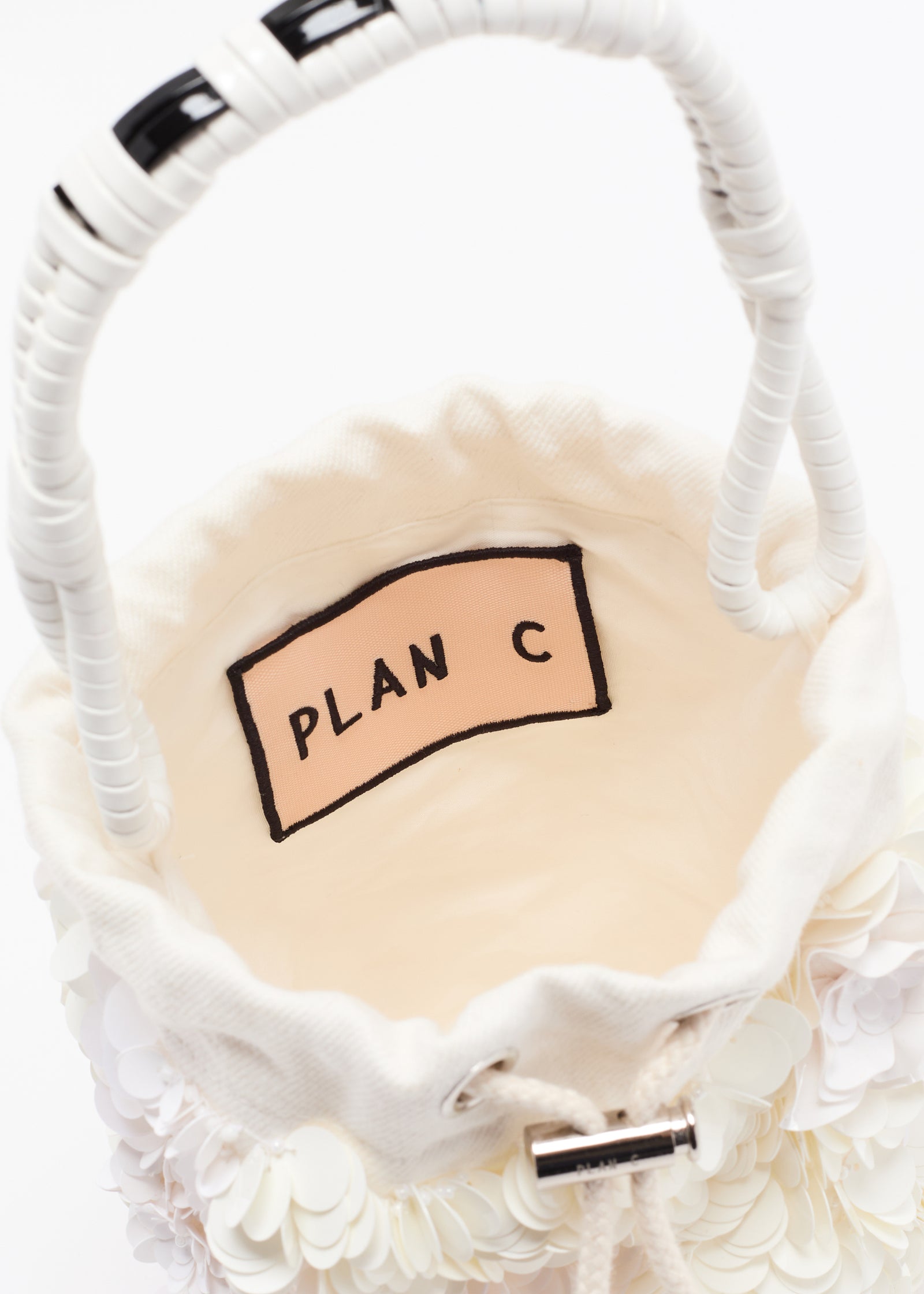 WHITE DRILL BUCKET BAG WITH SEQUINS