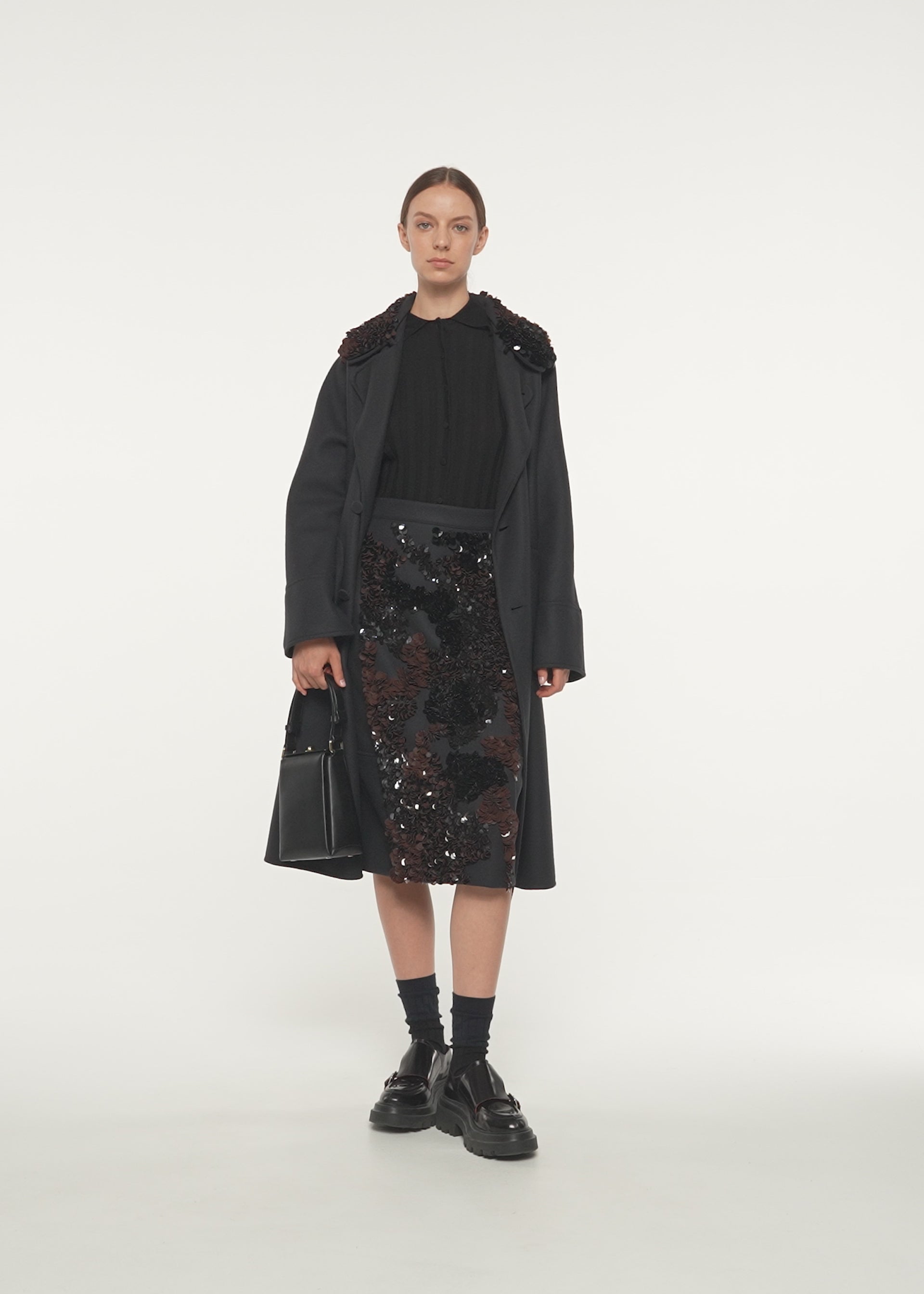 BLUE BLACK WOOL MIDI SKIRT WITH SEQUINS